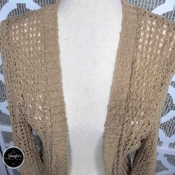 Cable & Gauge Tan Open Crochet Weave 3/4 Sleeve Open Front Cardigan Size L - Picture 3 of 9